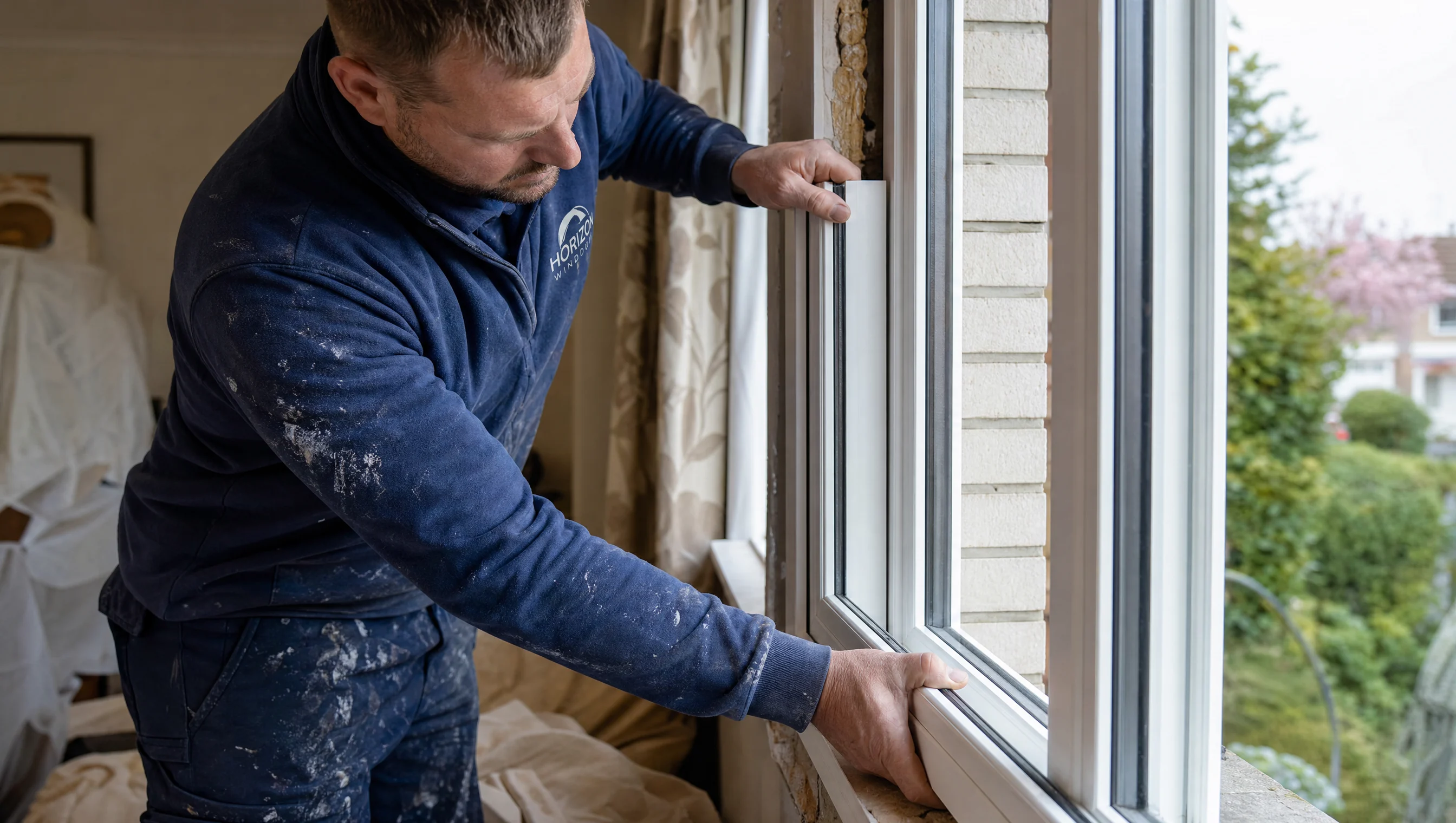 Installateur professionnel plaçant une nouvelle fenêtre uPVC dans une ouverture résidentielle